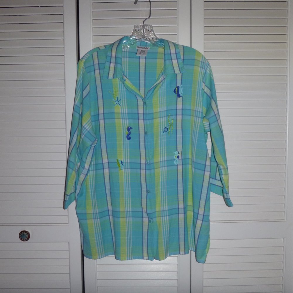 Madras plaid sea creatures cotton shirt size XL